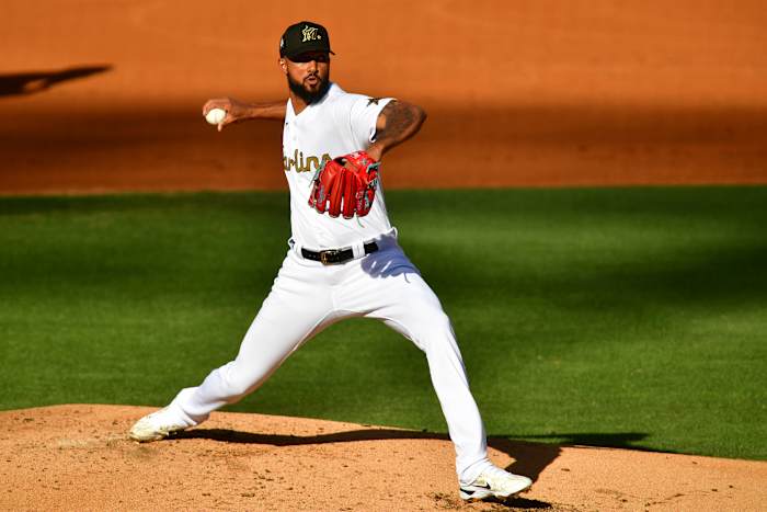 Sandy Alcantara pitches.